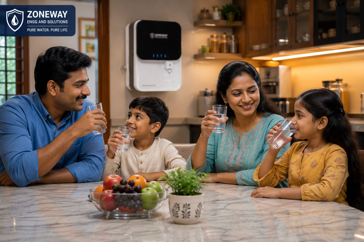 Family drinking purified water